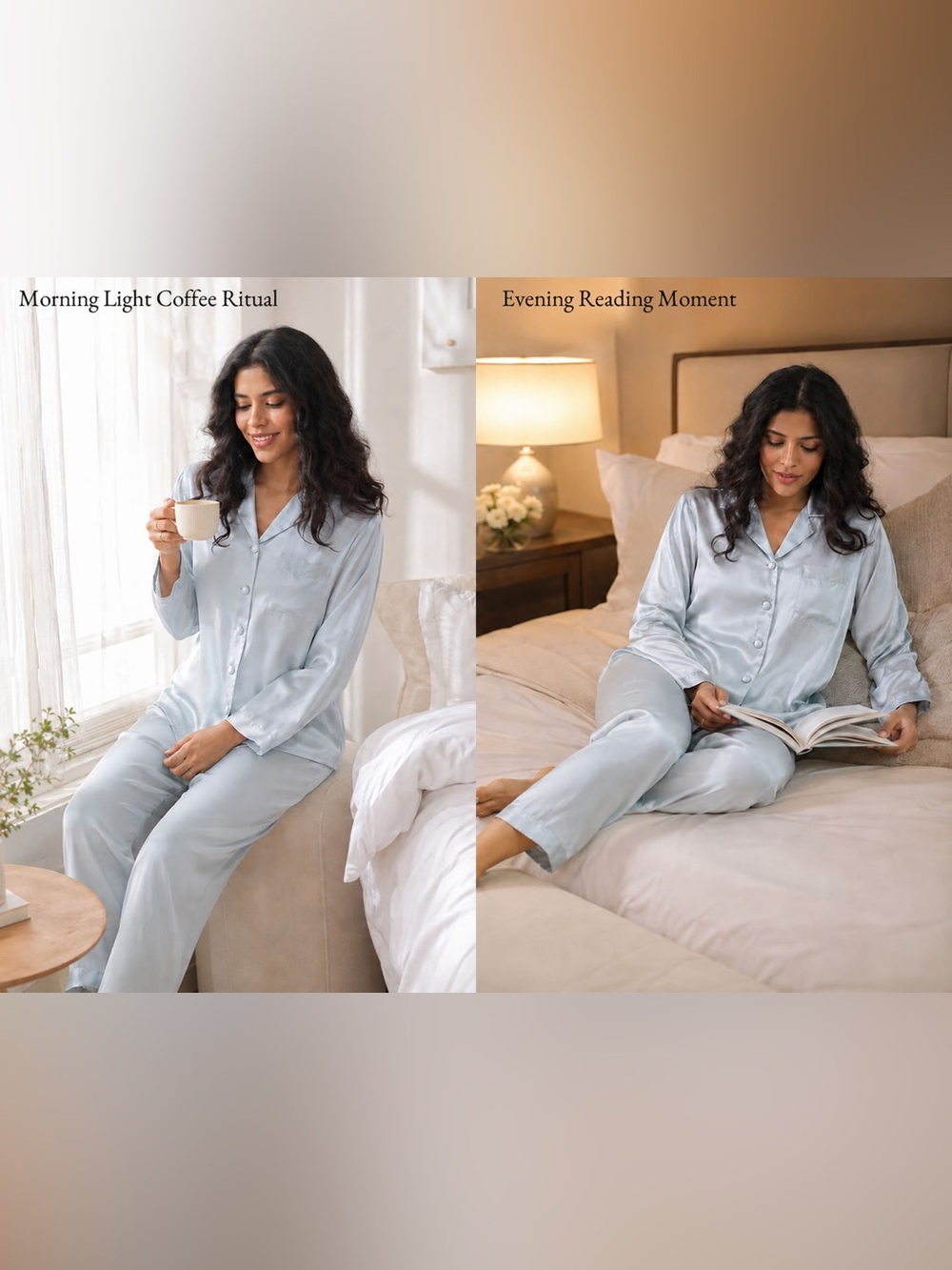 Pure Silk 100% Mulberry Silk Women's Long Sleeve Pajamas Set- Light Blue - Picture 5 of 9